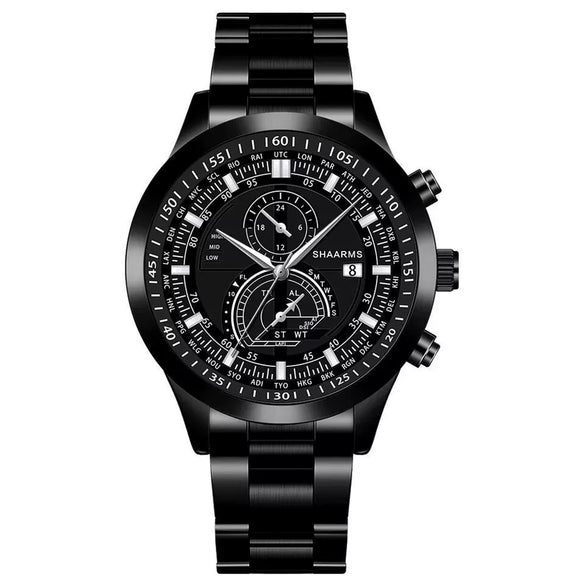 Wholesale Alloy Band Men's Round Dial Quartz Watch With Fake Two Eyes Calendar And Horseshoe Buckle Leisure Style