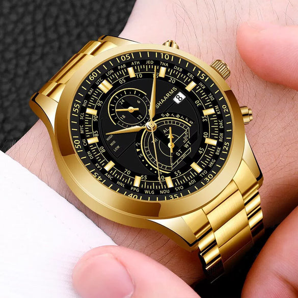 Wholesale Alloy Band Men's Round Dial Quartz Watch With Fake Two Eyes Calendar And Horseshoe Buckle Leisure Style