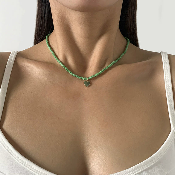 Wholesale Alloy Bead Chain Necklace With Dripping Oil Heartshaped Pendant Retro Fresh Geometric Style For Women