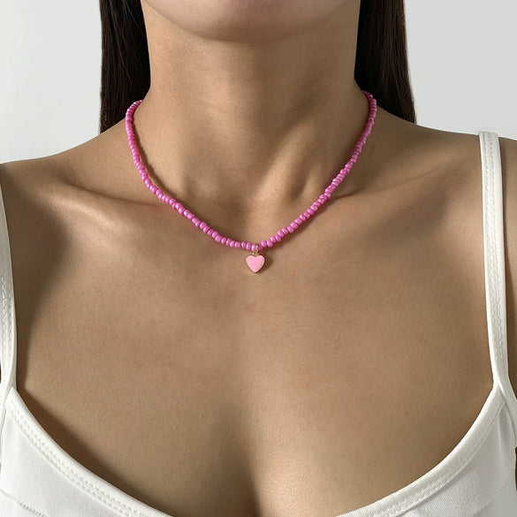 Wholesale Alloy Bead Chain Necklace With Dripping Oil Heartshaped Pendant Retro Fresh Geometric Style For Women