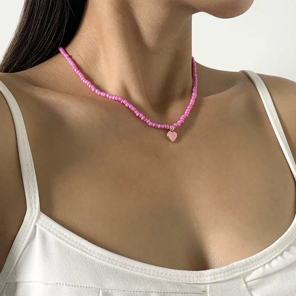 Wholesale Alloy Bead Chain Necklace With Dripping Oil Heartshaped Pendant Retro Fresh Geometric Style For Women