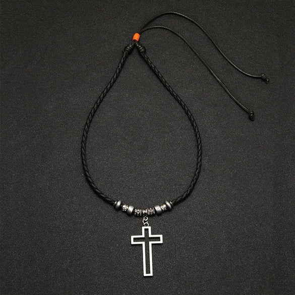 Wholesale Alloy Beaded Necklace Retro Geometric Style With Cross Wax Rope And Electroplating Treatment