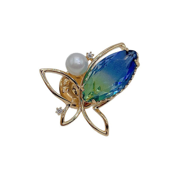 Wholesale Alloy Blue Pearl Butterfly Flower Styling Electroplating Women's Brooch