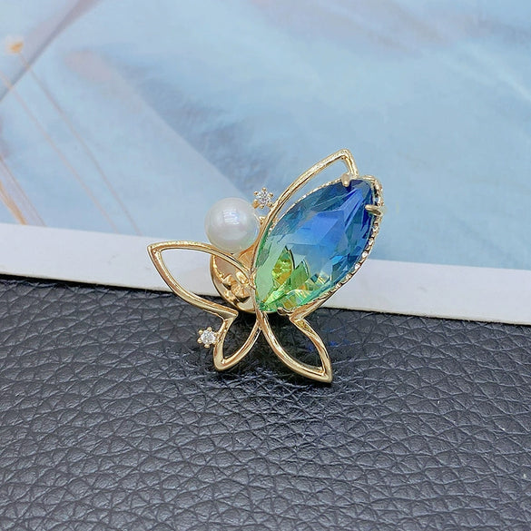 Wholesale Alloy Blue Pearl Butterfly Flower Styling Electroplating Women's Brooch