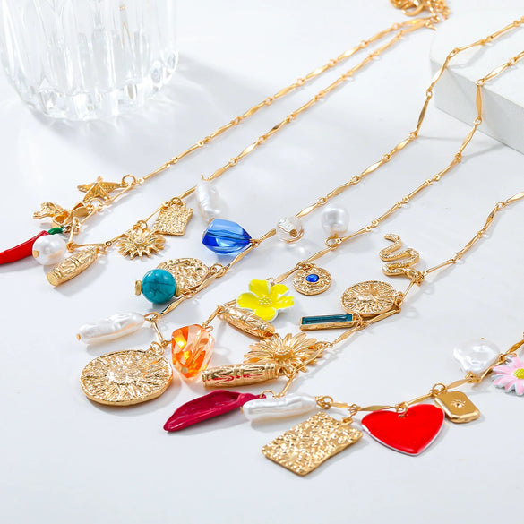 Wholesale Alloy Bohemian Geometric Sunflower Snake Multilayer Charm Necklace For Women With Diamond Design