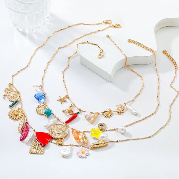 Wholesale Alloy Bohemian Geometric Sunflower Snake Multilayer Charm Necklace For Women With Diamond Design