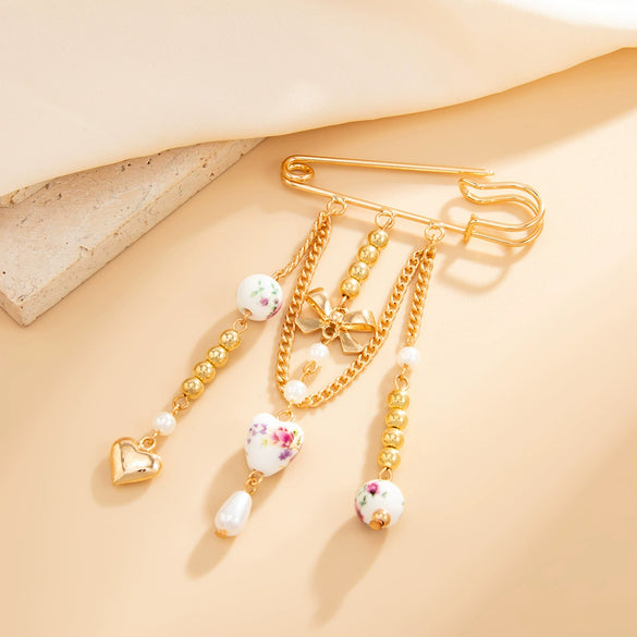 Wholesale Alloy Ceramic Bow Heart Pendant Brooch Highend Electroplating Design For Women