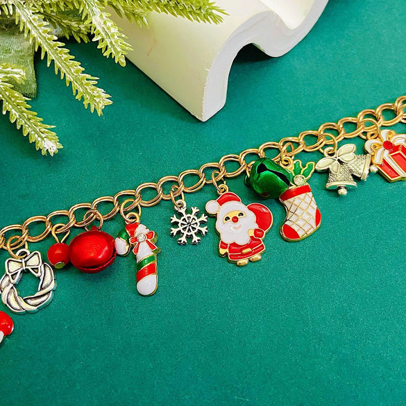 Wholesale Alloy Christmas Chain Bracelet With Oil Dripping Christmas Tree Elk Bell Diamond Snowflake Cartoon Character And Geometric Patterns Electroplated For Women