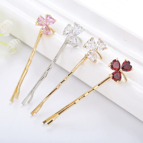 Wholesale Alloy Clover Zircon Women's Hairpin Clip With Electroplating