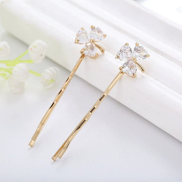 Wholesale Alloy Clover Zircon Women's Hairpin Clip With Electroplating