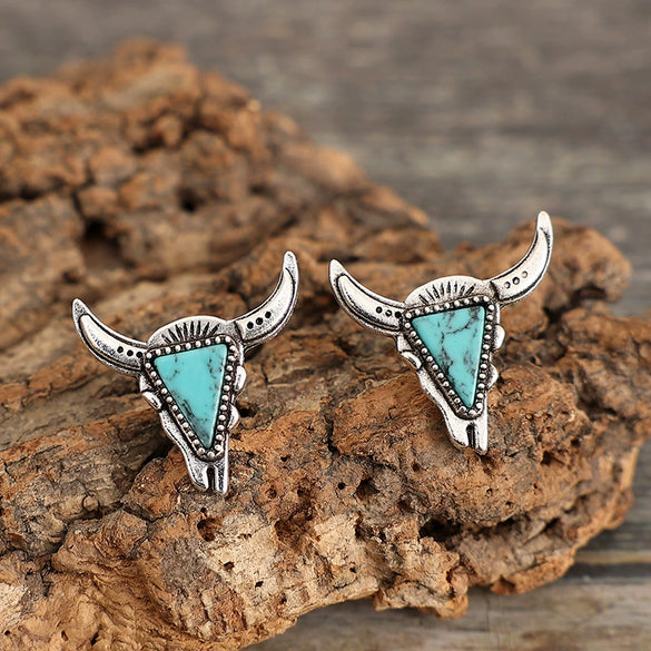 Wholesale Alloy Cow Head Turquoise Earrings With Bohemia Style And Animal Pattern Electroplated