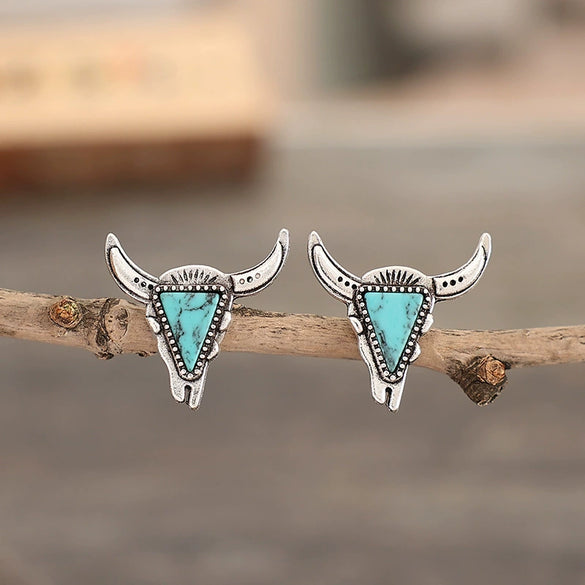 Wholesale Alloy Cow Head Turquoise Earrings With Bohemia Style And Animal Pattern Electroplated