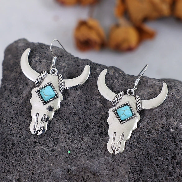 Wholesale Alloy Cow Head Turquoise Earrings With Bohemia Style And Animal Pattern Electroplated