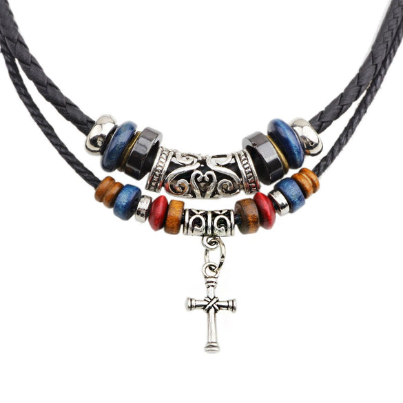 Wholesale Alloy Cross Pendant Necklace With Woven Leather Rope Retro Wooden Beads Geometric Style Baking Paint Finish