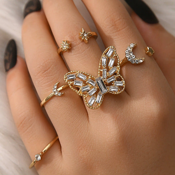 Wholesale Alloy Diamondencrusted Butterfly Index Finger Ring Set With Golden Star And Moon Combination Open Ring Electroplated For Women Geometric Pattern