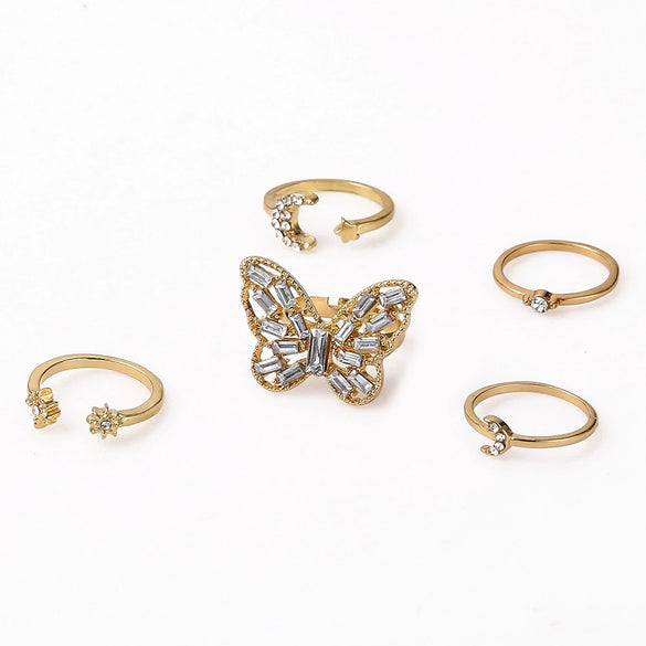 Wholesale Alloy Diamondencrusted Butterfly Index Finger Ring Set With Golden Star And Moon Combination Open Ring Electroplated For Women Geometric Pattern