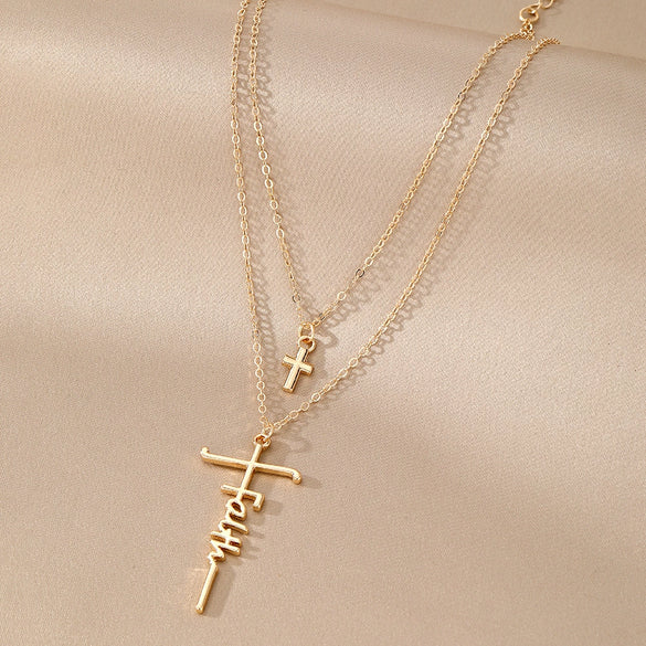 Wholesale Alloy Doublelayer Choker Ochain Women's Personality Geometric Cross Pendant Necklace With Electroplating