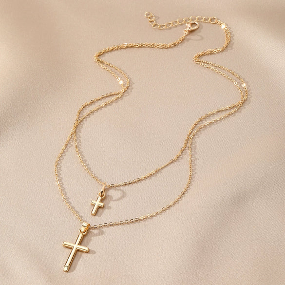 Wholesale Alloy Doublelayer Choker Ochain Women's Personality Geometric Cross Pendant Necklace With Electroplating
