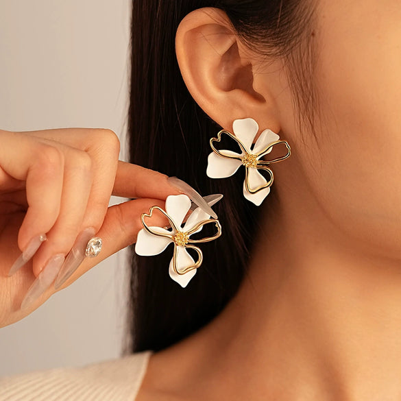 Wholesale Alloy Doublelayer Flower Petal Electroplated Women's Earrings Simple Style