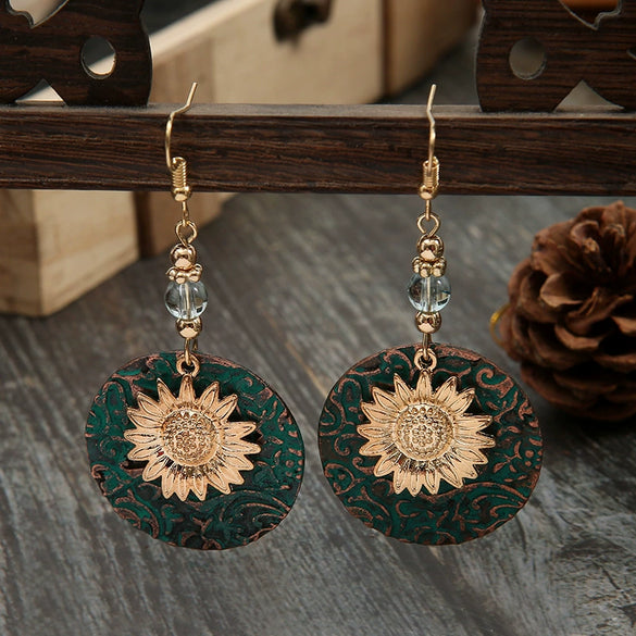 Wholesale Alloy Doublelayer Sunflower Pattern Earrings Retro Bohemian Style Electroplated For Women
