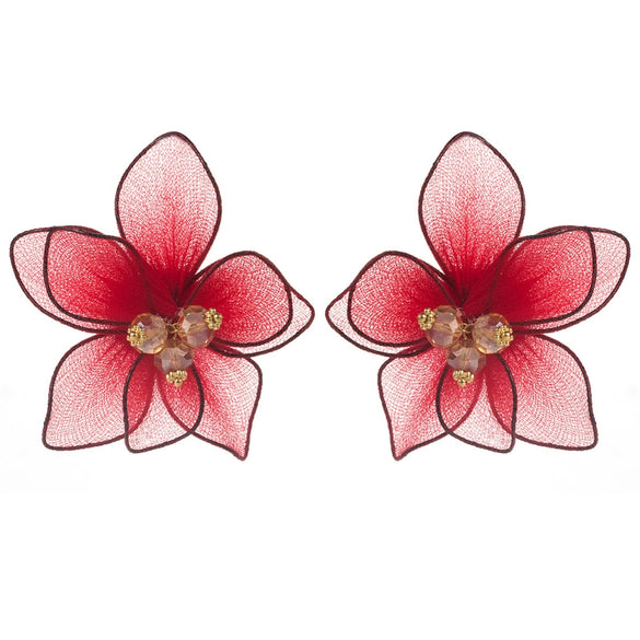 Wholesale Alloy Doublelayer Textile Fabric Microinlay Threedimensional Flower Earrings For Women