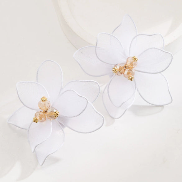 Wholesale Alloy Doublelayer Textile Fabric Microinlay Threedimensional Flower Earrings For Women