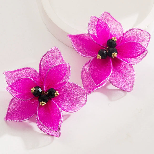 Wholesale Alloy Doublelayer Textile Fabric Microinlay Threedimensional Flower Earrings For Women