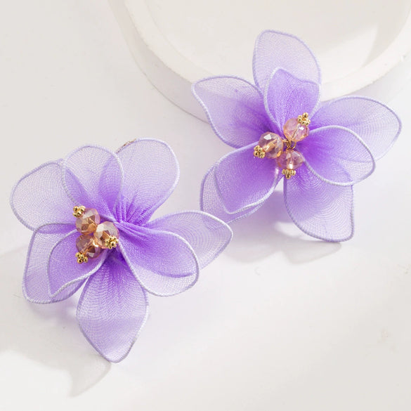 Wholesale Alloy Doublelayer Textile Fabric Microinlay Threedimensional Flower Earrings For Women