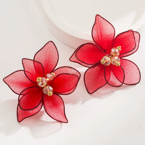 Wholesale Alloy Doublelayer Textile Fabric Microinlay Threedimensional Flower Earrings For Women