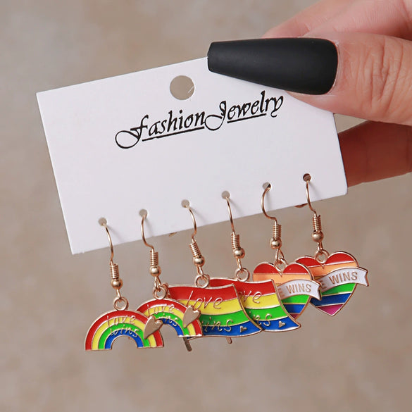 Wholesale Alloy Earrings Set With Cartoon Rainbow Color Flag Heart Shape And Love Pattern Electroplated For Women