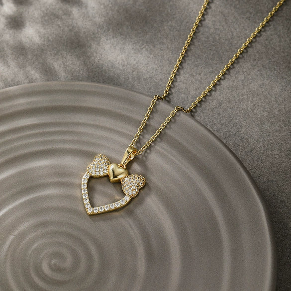 Wholesale Alloy Electroplated Heart Shape Inlaid Zircon Bow Love Pendant Necklace For Women