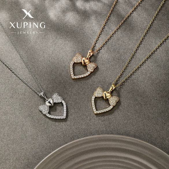 Wholesale Alloy Electroplated Heart Shape Inlaid Zircon Bow Love Pendant Necklace For Women