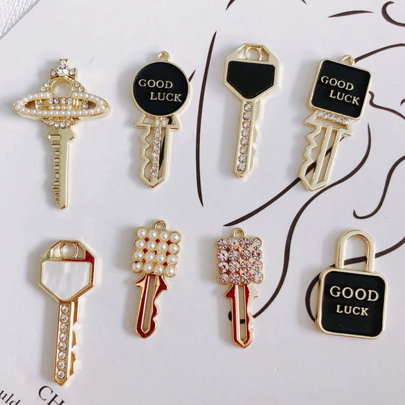 Wholesale Alloy Electroplating Key Love Lock Inlaid Pearl Hollow Small Pendant Accessories