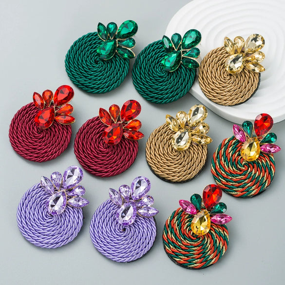 Wholesale Alloy Exaggerated Round Earrings With Color Rhinestone And Geometric Pattern Woven By Polyester Elastic Wire In Simple Style With Diamond Treatment
