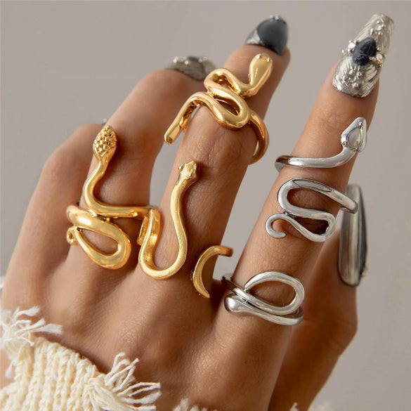 Wholesale Alloy Exaggerated Snake Animal Zodiac Ring Fourpiece Set Electroplated