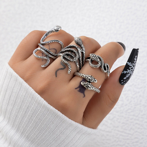 Wholesale Alloy Exaggerated Snake Animal Zodiac Ring Fourpiece Set Electroplated