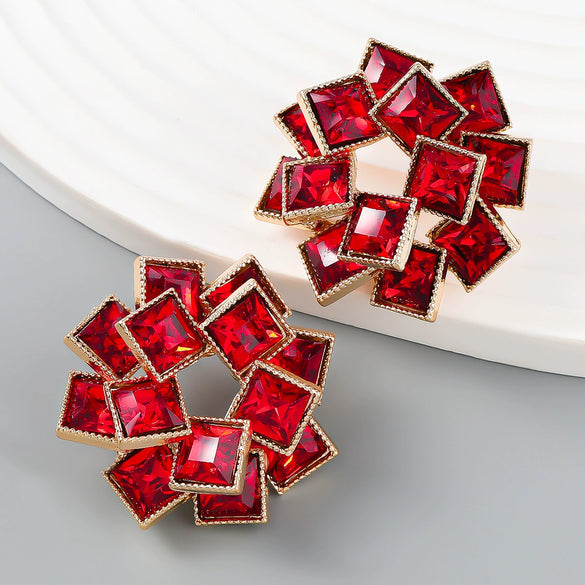 Wholesale Alloy Fashion Colored Diamond Multi Layer Square Rhinestone Windmill Shaped Women's Geometric Earrings