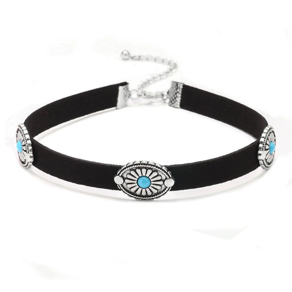 Wholesale Alloy Fashion Retro Flower Plate Turquoise Women's Necklace