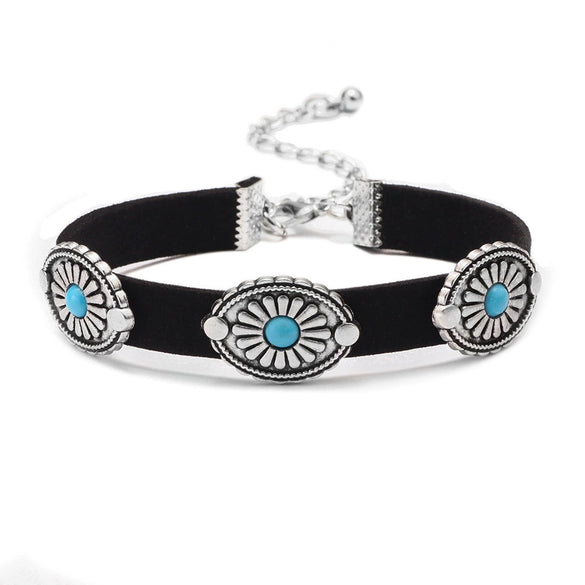 Wholesale Alloy Fashion Retro Flower Plate Turquoise Women's Necklace