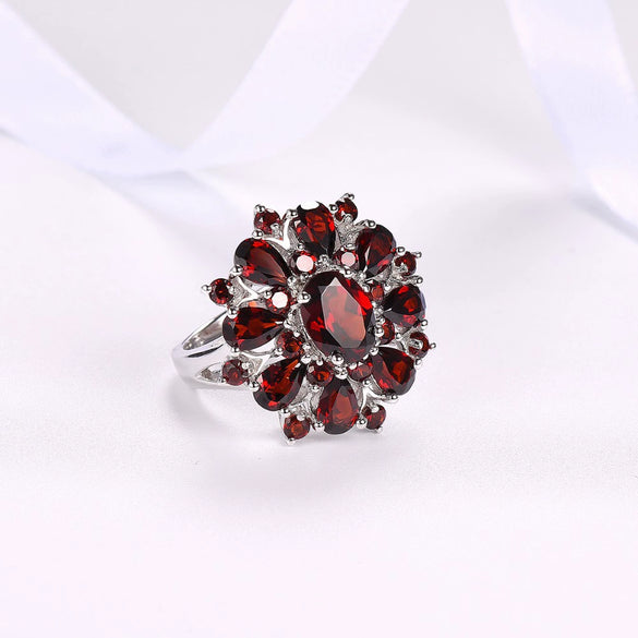 Wholesale Alloy Flower Geometric Ring For Women With Electroplating Treatment And Garnet Red Zircon