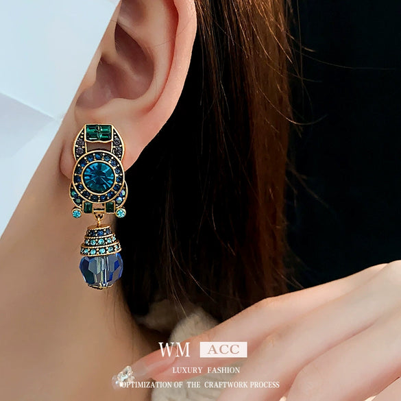Wholesale Alloy Geometric Blue Crystal Diamondencrusted Electroplated Women's Earrings