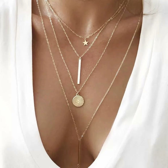 Wholesale Alloy Geometric Coin Round Pendant Snake Bone Chain Three Layer Women's Necklace Set With Electroplating