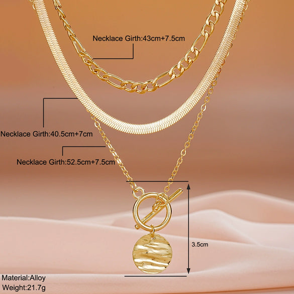 Wholesale Alloy Geometric Coin Round Pendant Snake Bone Chain Three Layer Women's Necklace Set With Electroplating