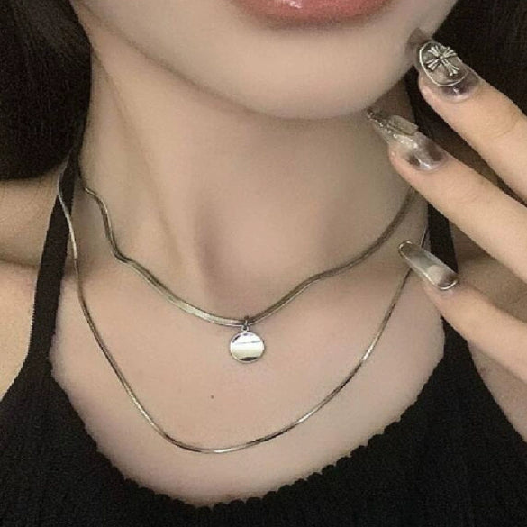 Wholesale Alloy Geometric Coin Round Pendant Snake Bone Chain Three Layer Women's Necklace Set With Electroplating