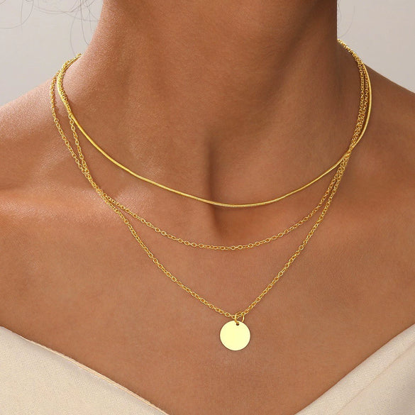 Wholesale Alloy Geometric Coin Round Pendant Snake Bone Chain Three Layer Women's Necklace Set With Electroplating