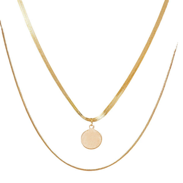 Wholesale Alloy Geometric Coin Round Pendant Snake Bone Chain Three Layer Women's Necklace Set With Electroplating