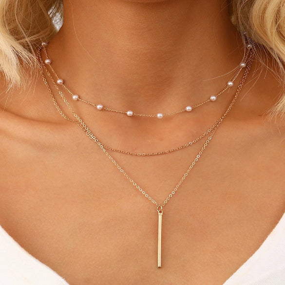 Wholesale Alloy Geometric Coin Round Pendant Snake Bone Chain Three Layer Women's Necklace Set With Electroplating