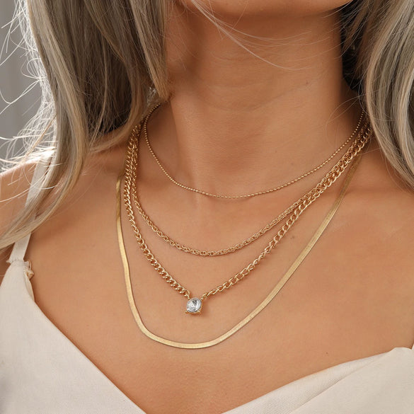 Wholesale Alloy Geometric Coin Round Pendant Snake Bone Chain Three Layer Women's Necklace Set With Electroplating