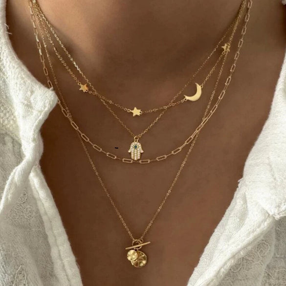 Wholesale Alloy Geometric Coin Round Pendant Snake Bone Chain Three Layer Women's Necklace Set With Electroplating