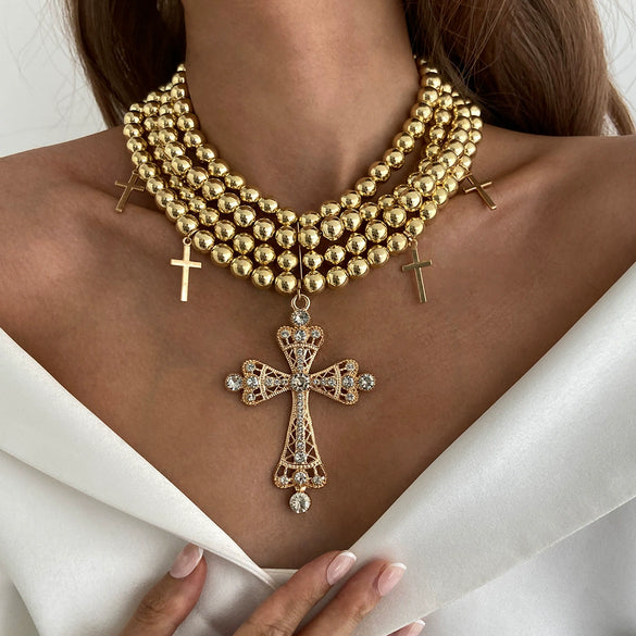 Wholesale Alloy Geometric Cross Multilayer Light Luxury Style Diamondencrusted Electroplated Women's Necklace